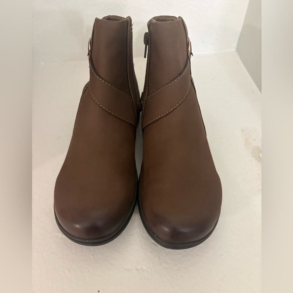 Clarks Brown Leather Ankle Booties with Strap Detail